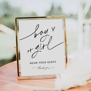 Segno di ragazzo o ragazza, indossa il tuo gioco di ipotesi, ipotesi di genere, lui o lei, baby shower minimalista, modello modificabile, istantaneo, Templett #0032-51S