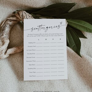 Jeu de Scattergories nuptiales, jeu de douche nuptiale minimaliste, Scattergories de mariage, modèle modifiable, téléchargement instantané, Templett #0034W-15BRG