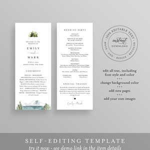 May include: Editable wedding ceremony program template with a watercolor illustration of a forest and mountains. The text includes the names Emily and Mark, the date June 17, 2020, and the location Middletown, New York. The template also includes a wedding party list with the names of the officiant, parents of the bride and groom, matron of honor, bridesmaids, best man, groomsmen, ushers, flower girl, and ring bearer. The text "100% Editable Text, Instant Download, Add, Resize, Recolor" is in a circle with a black outline.