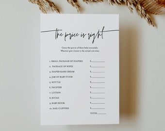 May include: A printable game card with the title "The Price is Right" and a list of baby essentials with blank spaces to fill in the price. The game is for a baby shower.