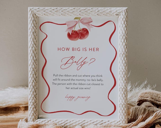 Cherry How Big Is Her Belly Game, Coquette Girl Baby Shower Sign, Ribbon Game, Editable Template, Printable, Instant, Templett #0056-22BAG
