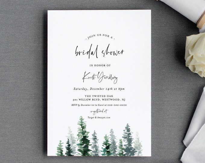 Rustic Bridal Shower Invitation Template, Editable Winter Couples Shower Invite, Woodland Pine, INSTANT DOWNLOAD, Printable, DIY #073-206BS