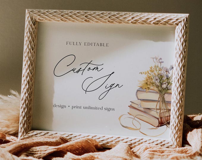 Book Custom Sign Template, New Chapter, Storybook Wedding, Book Theme Bridal Shower, Unlimited Signs, Instant Download, Templett #0066-221CS