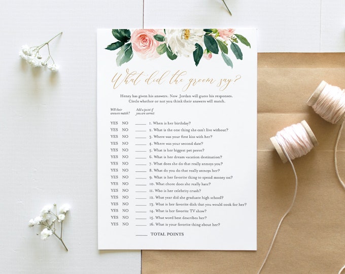 What Did the Groom Say Bridal Shower Game, INSTANT DOWNLOAD, Printable Wedding Game, Editable Template, Personalize Questions #043-111BG