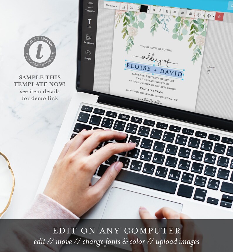 May include: A laptop computer displaying a wedding invitation template with a watercolor floral design. The invitation text reads "You're invited to the wedding of Eloise + David" with a blue and white accent. The text also includes the date, time, and location of the wedding. The laptop keyboard is visible with a hand typing on it.