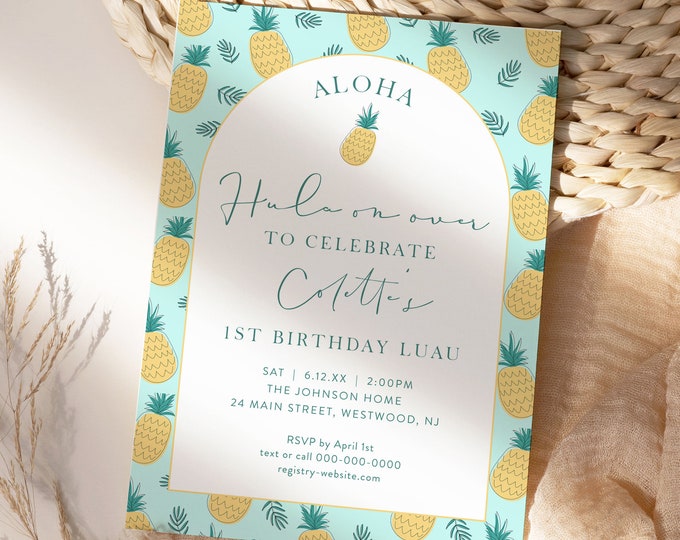 Pineapple 1st Birthday Party Invitation Template, Aloha Hawaiian Luau Theme Invite, Hula on Over, Instant, Editable, Templett #0044-132BD