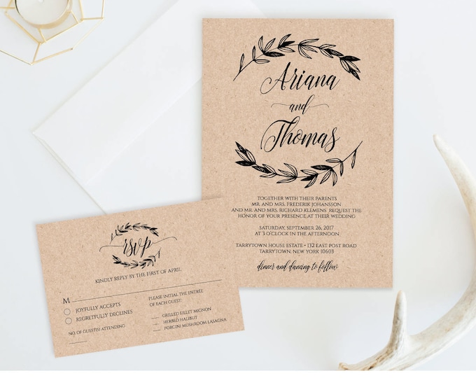 Wedding Invitation Template, Printable Rustic Wedding Invite, RSVP & Detail Card, Instant Download, Fully Editable Template, Digital #023A
