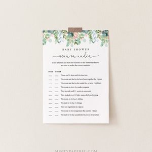 May include: A printable baby shower game with a floral design. The game is called "Over or Under" and asks guests to guess whether the numbers in the statements are over or under the correct numbers.
