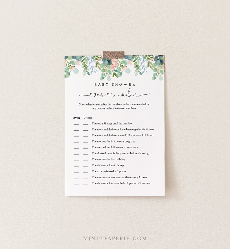 May include: A printable baby shower game with a floral design. The game is called "Over or Under" and asks guests to guess whether the numbers in the statements are over or under the correct numbers.