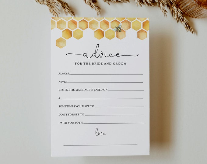 Bridal Shower Advice Card Template, Printable Honey Bee Wedding Advice for the Bride & Groom, Editable, Instant Download Templett 097-374BG