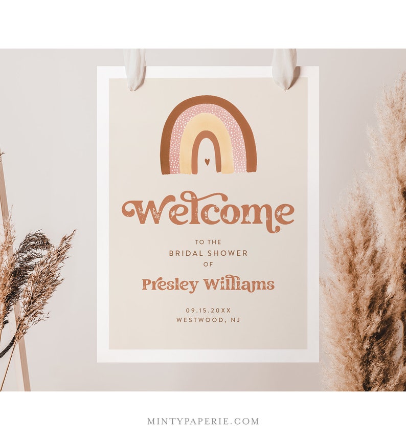 Boho Rainbow Welcome Sign, Printable Retro 70s Baby or Bridal Shower Sign, Instant Download, Editable Template, Templett 025A-237LS image 6