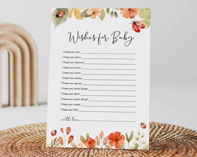 Ladybug Wishes For Baby Card, Advice for Baby, Love Bug Girl Baby Shower, Editable Template, Templett, 5x7 Instant Download #0069-29BAG