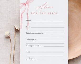 Wedding Advice Card Printable, Coquette Pink Bow, Editable Template, Well Wishes for Bride & Groom, Instant Download, Templett #0057-148AC