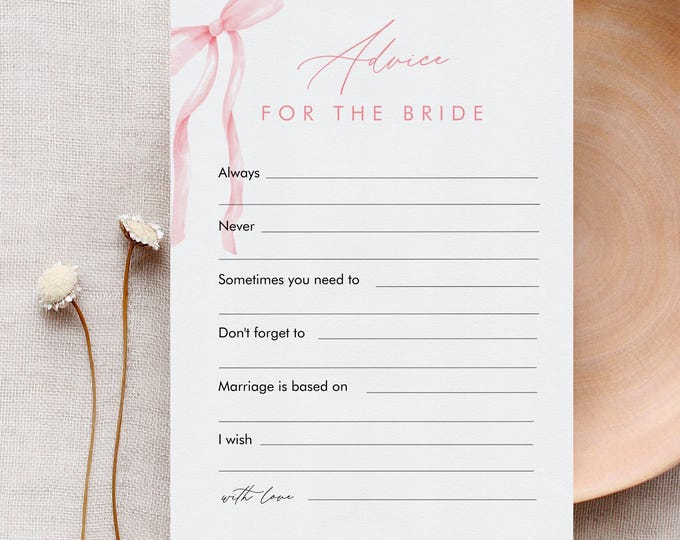 Wedding Advice Card Printable, Coquette Pink Bow, Editable Template, Well Wishes for Bride & Groom, Instant Download, Templett #0057-148AC