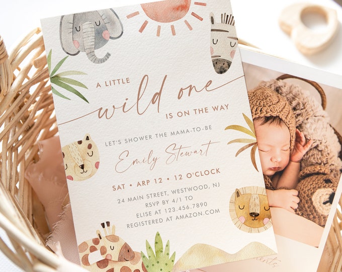 Safari Baby Shower Invitation, Boho, Watercolor Jungle Animal, Wild One, Baby Boy, Editable Template, Instant Download, Templett #0054-250BA