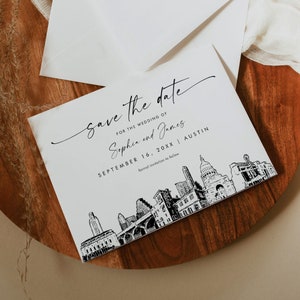 Austin Skyline Save the Date, bestemming bruiloft Austin Texas lijntekeningen, trouwdatum, bewerkbare sjabloon, Templett, 5 x 7 #0047-212SD