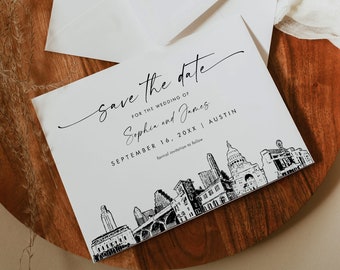 Austin Skyline Save the Date, Destination Wedding Austin Texas Line Art, Wedding Date, Editable Template, Templett, 5x7 #0047-212SD