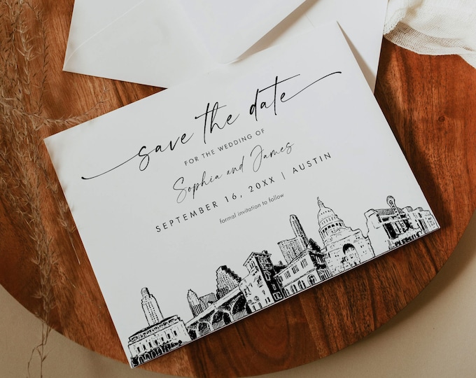 Austin Skyline Save the Date, Destination Wedding Austin Texas Line Art, Wedding Date, Editable Template, Templett, 5x7 #0047-212SD