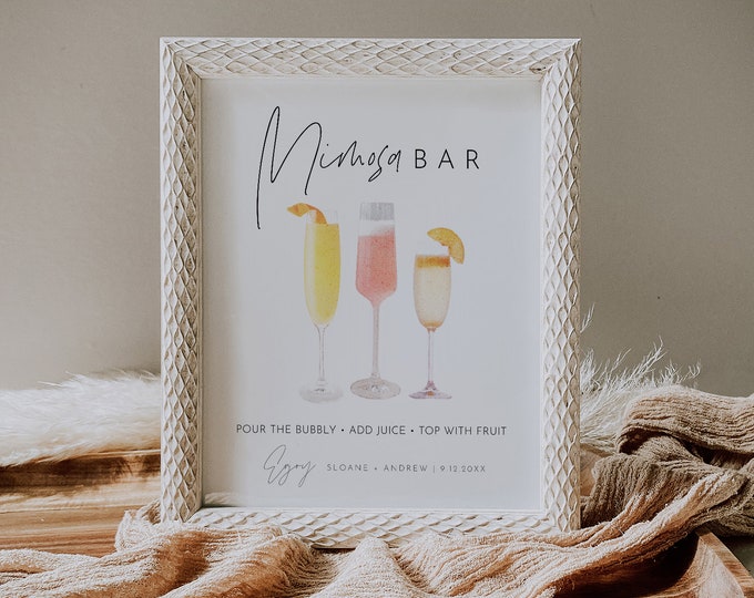 Mimosa Bar Sign & Tag, Bridal Shower Mimosa Sign, Wedding Mimosa Bar, Bubbly Bar, Editable Template, Instant Download, Templett #0026-49S