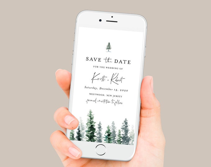 Pine Tree Save the Date, Rustic Wedding Electronic Invitation, Evite, Digital, Text Invite, Editable, Templett, Instant Download #073-107SDD