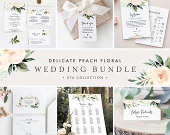 Delicate Peach Floral Wedding Bundle, Wedding Essential Templates, Invitation Suite, Editable Text, Instant Download, Templett #076-BUNDLE