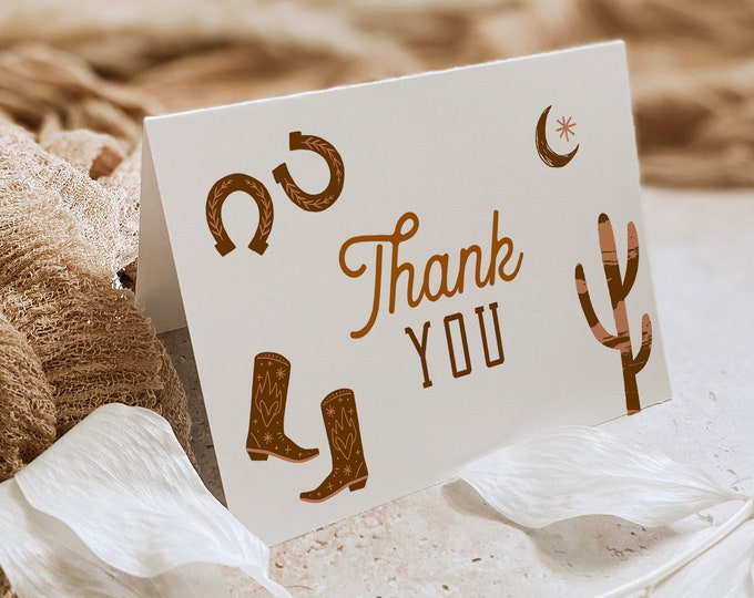 Western Thank You Card, Rodeo Cowboy Birthday, Baby Shower, Bridal Shower, Editable Template, Flat & Tent Cards, Templett 3.5x5 #0040-224TYC