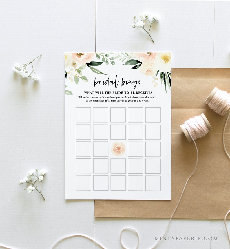 May include: A printable bridal shower bingo card with a floral design. The card has a title that says "bridal bingo" and instructions that say "What will the bride-to-be receive?" Fill in the squares with your best guesses. Mark the squares that match as she opens her gifts. First person to get 5 in a row wins!"