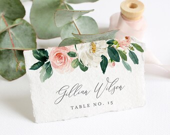 Editable Place Card Template, INSTANT DOWNLOAD, Printable Wedding Buffet Card, Name Card, Boho Blush Floral Greenery Seating Card #043-113PC