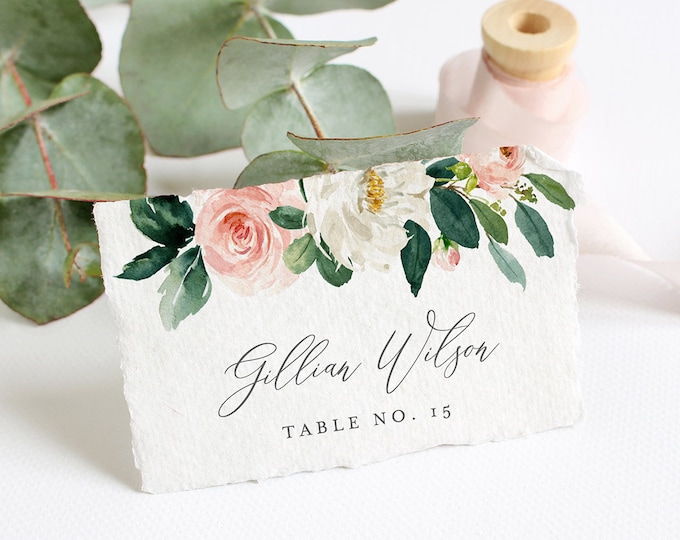 Editable Place Card Template, INSTANT DOWNLOAD, Printable Wedding Escort Card, Name Card, Boho Blush Floral Greenery Seating Card #043-113PC