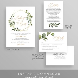 Greenery Wedding Invitation Template, Printable Invite, RSVP and Details, INSTANT DOWNLOAD, 100% Editable Text, DiY, Boho Wreath 056B image 2