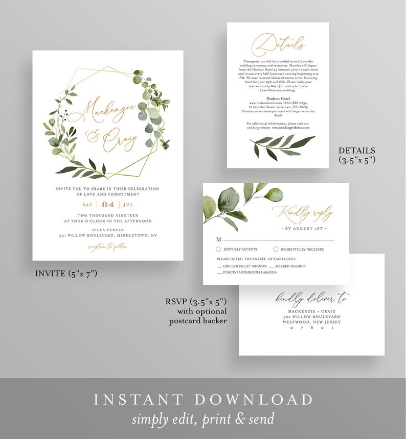 Greenery Wedding Invitation Template, Printable Invite, RSVP and Details, INSTANT DOWNLOAD, 100% Editable Text, DiY, Boho Wreath 056B image 2