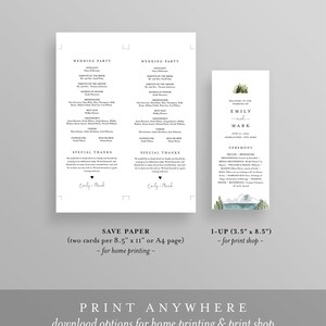 May include: Wedding ceremony program with a watercolor illustration of mountains, trees, and a lake. The program includes the names Emily and Mark, the date June 1, 2020, and the location Middletown, New York. The program also includes a list of the wedding party and a special thanks section.