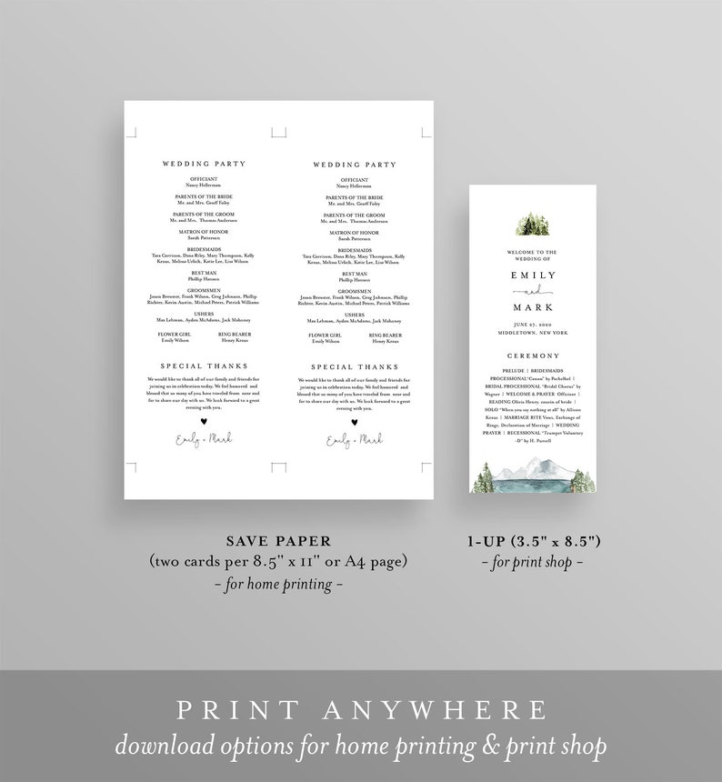 May include: Wedding ceremony program with a watercolor illustration of mountains, trees, and a lake. The program includes the names Emily and Mark, the date June 1, 2020, and the location Middletown, New York. The program also includes a list of the wedding party and a special thanks section.