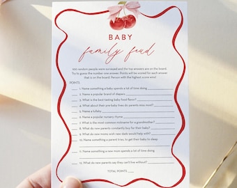 Cherry Baby Family Feud Game, Coquette Bow Cherry Baby Shower Game, Editable Template, Instant Download, Templett #0056-06BAG