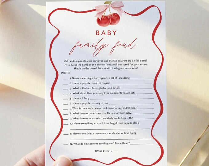 Cherry Baby Family Feud Game, Coquette Bow Cherry Baby Shower Game, Editable Template, Instant Download, Templett #0056-06BAG