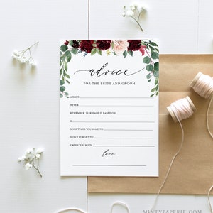 Modelo de cartão de conselhos para chá de panela, conselhos de casamento para a noiva e o noivo, Boho Borgonha, editável, download instantâneo, Templett #062-239BG