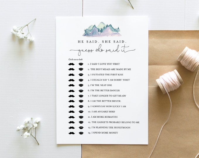 He Said She Said Bridal Shower Game, Guess Who Said It, Mountain Bridal Shower Game, Editable Template, Instant Download, Templett 063-269BG