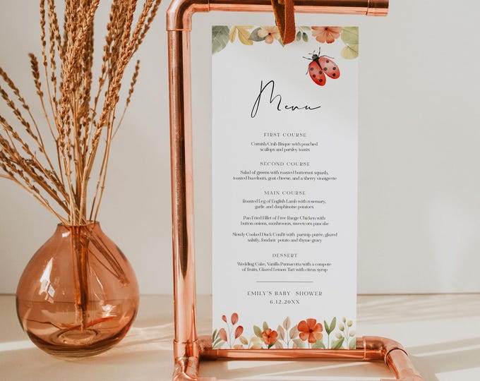 Ladybug Menu, Printable Ladybug Baby Shower, Bridal, Birthday, Love Bug, 4x9 Menu, Editable Template, Instant Download, Templett #0069-166WM