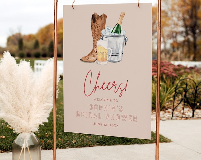 Boots, Brews & Bubbly Couples Shower Welcome Sign Template, Western Bridal Shower, Beer, Champagne, Printable, 18x24, 24x36 #055-364LS