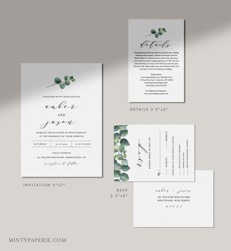 Eucalyptus Wedding Invitation Set, Greenery, Printable Invite, RSVP, Details, Instant Download, 100% Editable Template, DIY, Templett 036A image 5