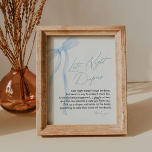Late Night Diapers Sign, Blue Bow Ribbon, Boy Baby Shower Game, Diaper Notes, Editable Template, Instant, Templett #0057-21BAG