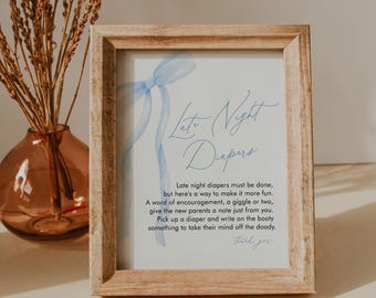 Late Night Diapers Sign, Blue Bow Ribbon, Boy Baby Shower Game, Diaper Notes, Editable Template, Instant, Templett #0057-21BAG
