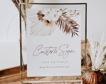 Bohemian Custom Sign Template, Terra Cotta, Pampas, Palm, Wedding, Bridal Shower, Unlimited Signs, Instant Download, Templett #0028A-191CS