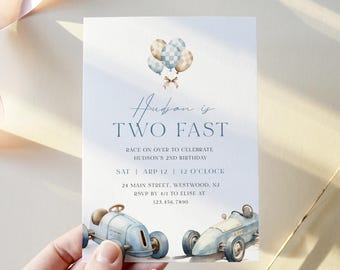 Vintage Race Car Birthday Party Invitation, Racing Boy 2nd Birthday Invite, Turning Two, Speedster, Editable Template, Templett #0068-145BD