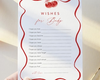 Wishes For Baby Card, Advice for Baby, Coquette Cherry Baby Shower, Girl, Bow, Cherry on Top, Editable Template, Templett, 5x7 #0056-29BAG