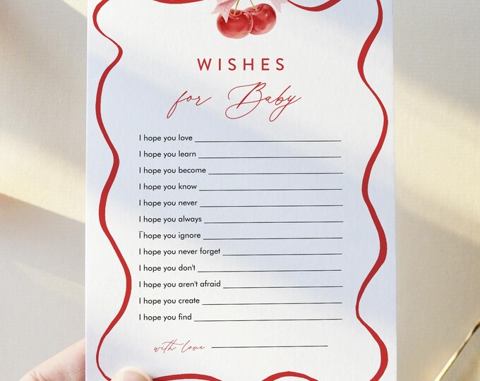 Wishes For Baby Card, Advice for Baby, Coquette Cherry Baby Shower, Girl, Bow, Cherry on Top, Editable Template, Templett, 5x7 #0056-29BAG