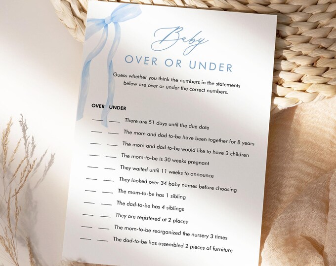 Over or Under Baby Shower Game, Coquette Bow Boy Baby Shower, Blue Ribbon, Editable Template, Instant Download, Templett #0057-15BAG