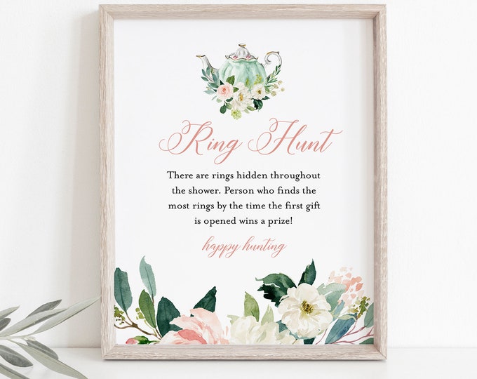 Ring Hunt Bridal Shower Game, Ring Game Template, Tea Party Bridal Shower Printable, Editable Text, Instant Download, Templett #085-245BG