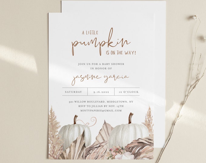 Fall Baby Shower Invitation, A Little Pumpkin On the Way, Bohemian Baby Invite, Editable Template, Instant Download, Templett #0022-216BA