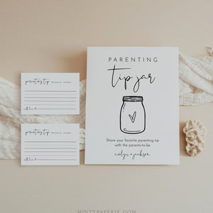 Signo de tarro de consejos para padres y tarjeta de consejos, consejos para baby shower, plantilla editable, personalizar nombres, descarga instantánea, Templett #0031-117AC